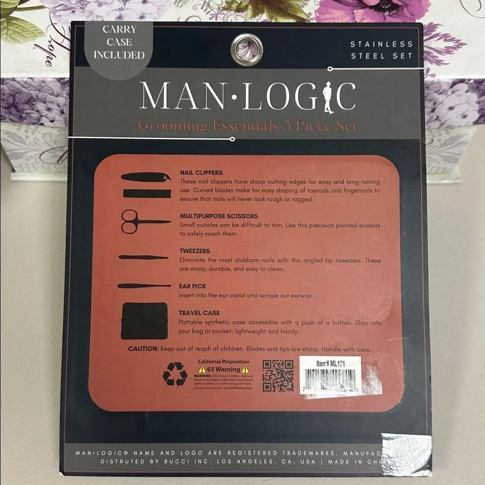 MAN • LOGIC Set of 5 Grooming Essentials Stainless Steel Manicure Tools Case